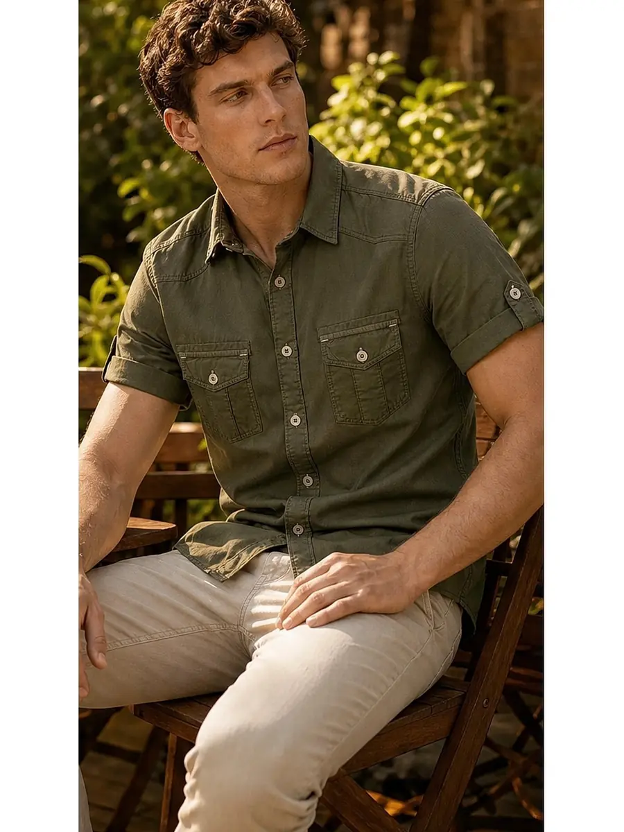 Olive Half Sleeve Pigment dyed Egyptian Cotton Shirt