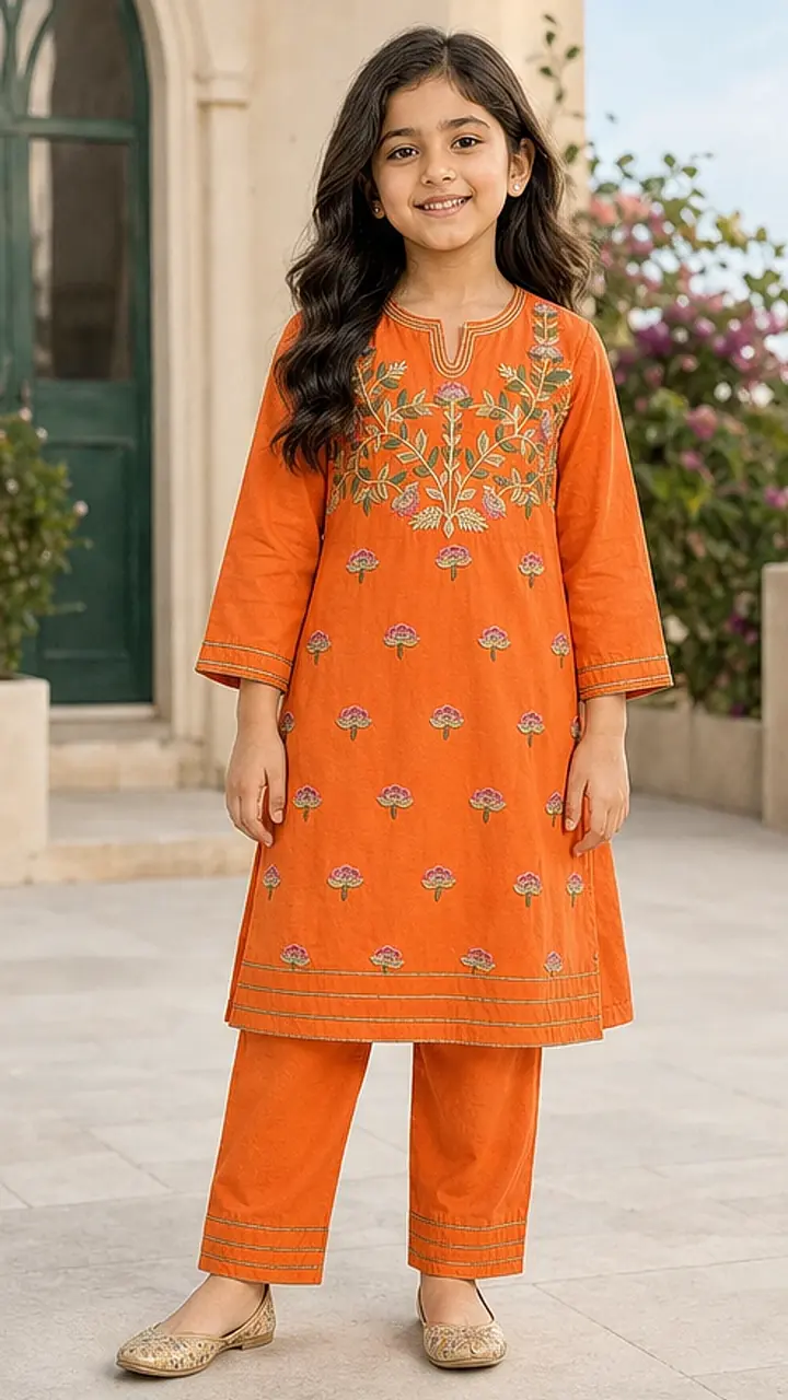 Girls Orange Embroidered Kurta Pant Set