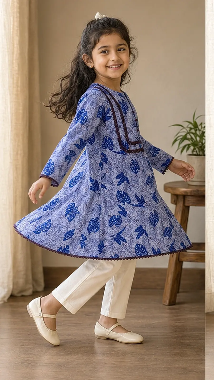 Girls Blue Leaf Print Kurta Trouser Set