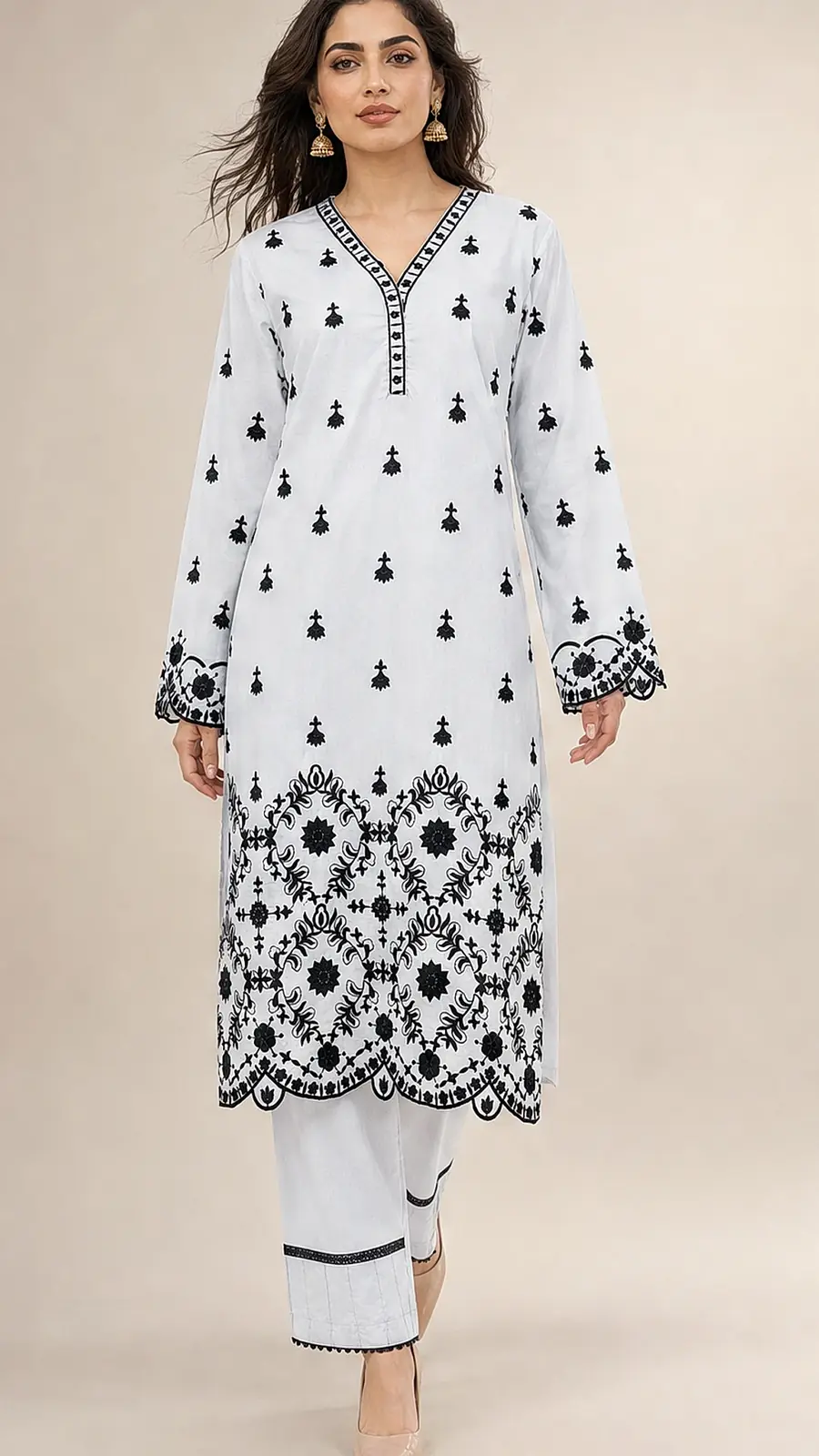 Pure White and Embriodered 2 Pcs Egyptian Soft Cotton Lawn Suit