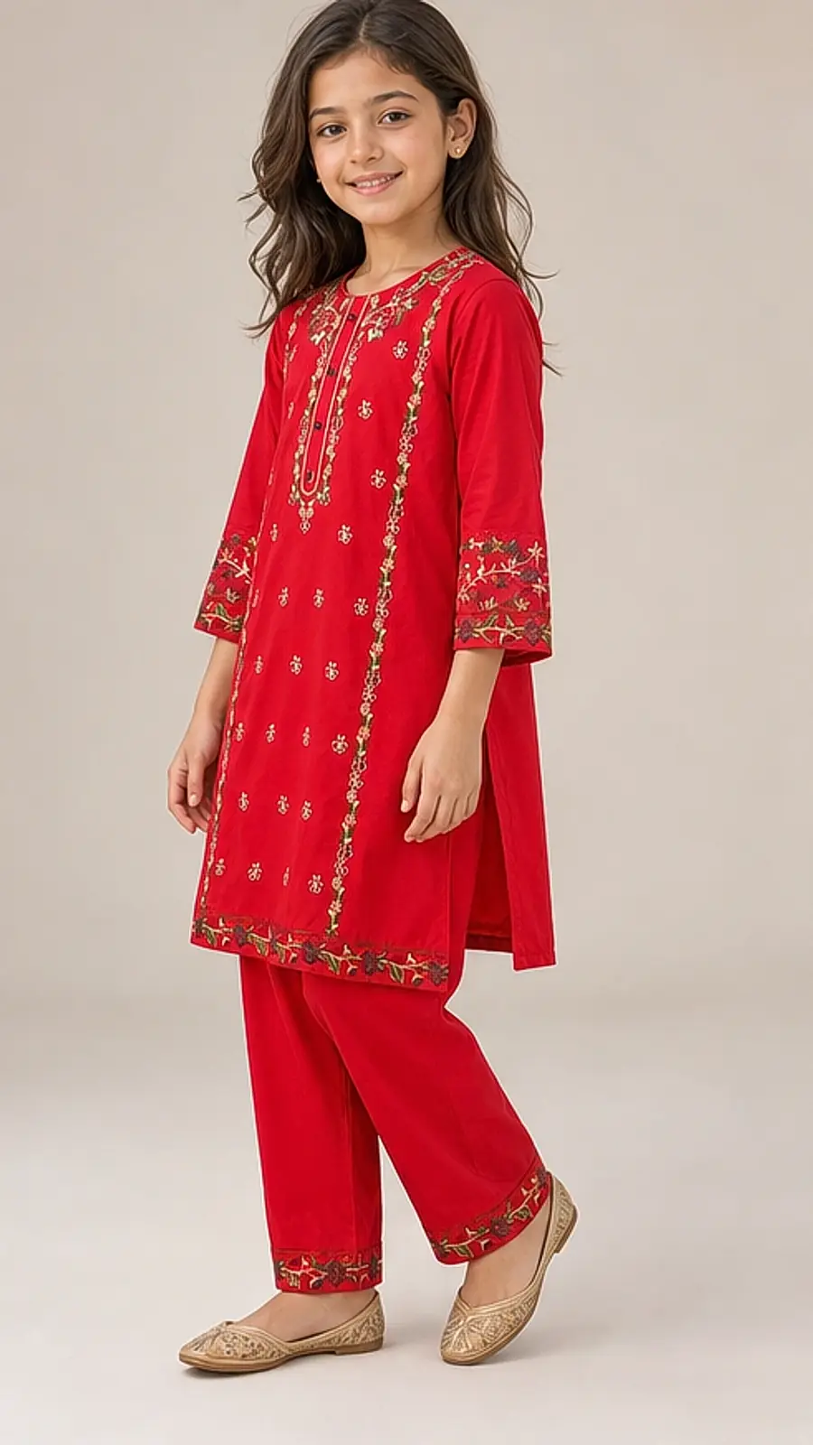 Girls Red Embroidered Kurta Pajama Set