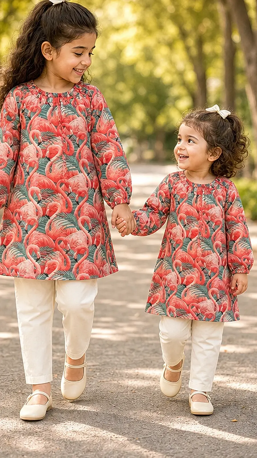 Girls Flamingo Print Kurta Pant Set
