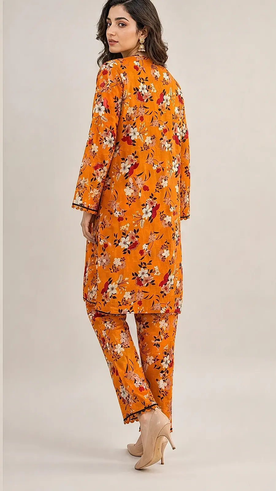 Orange Floral Cotton Lawn Two Piece Coord Suit