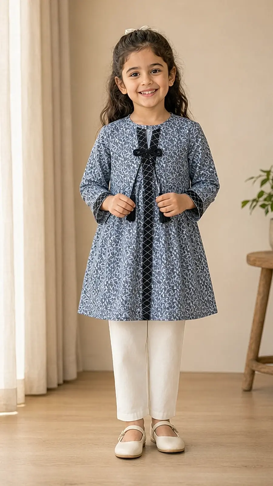 Girls Blue Printed Kurta Trouser Set