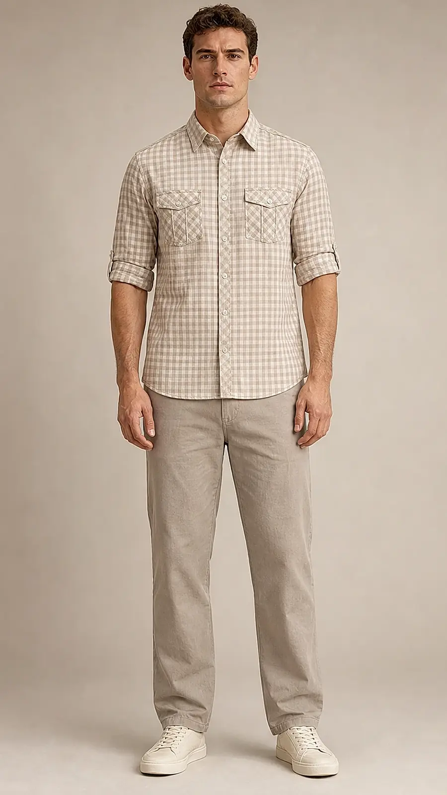 Men's Neutral Gingham Check Casual Shirt