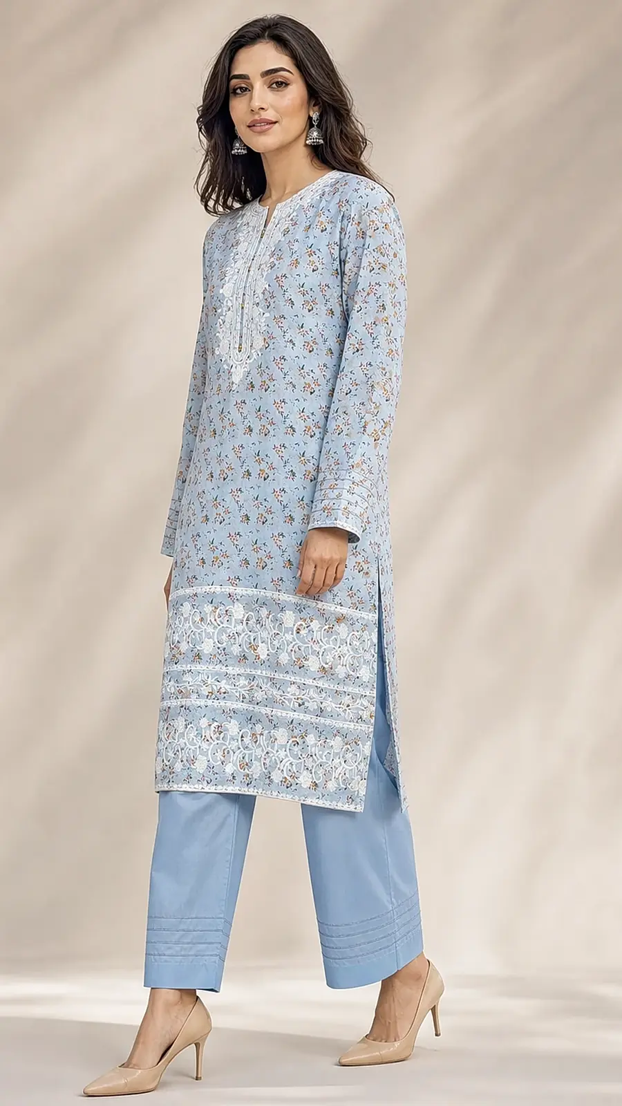 Blue Printed Embroidered 2-Piece Cotton Lawn Suit