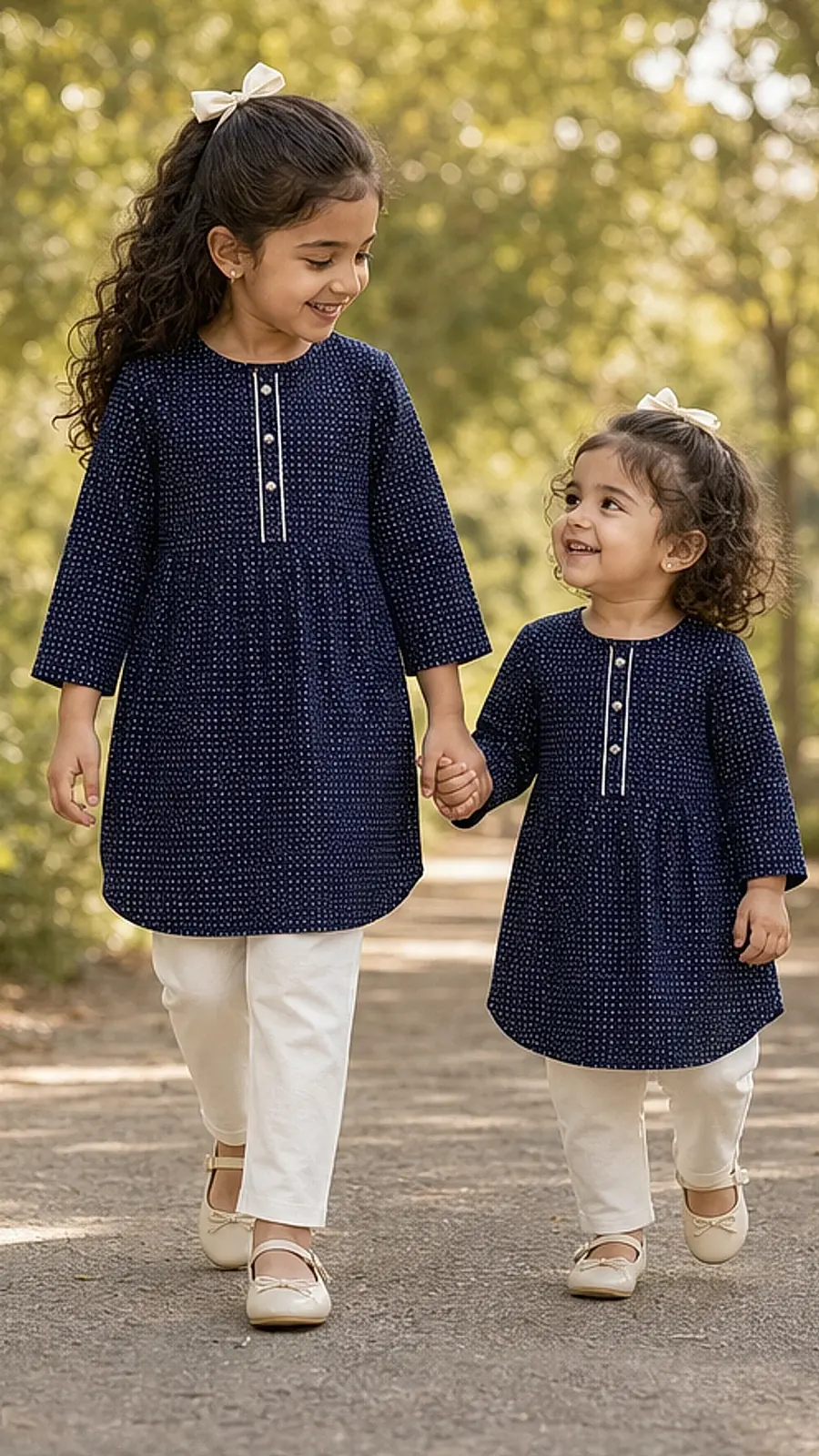 Girls Navy Dotted Kurta Legging Set
