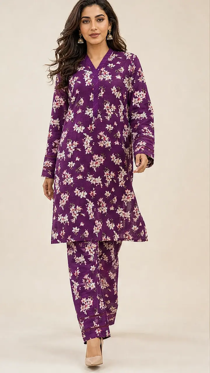 Royal Purple Lily Floral Cotton Lawn 2-Piece Co-ord Set