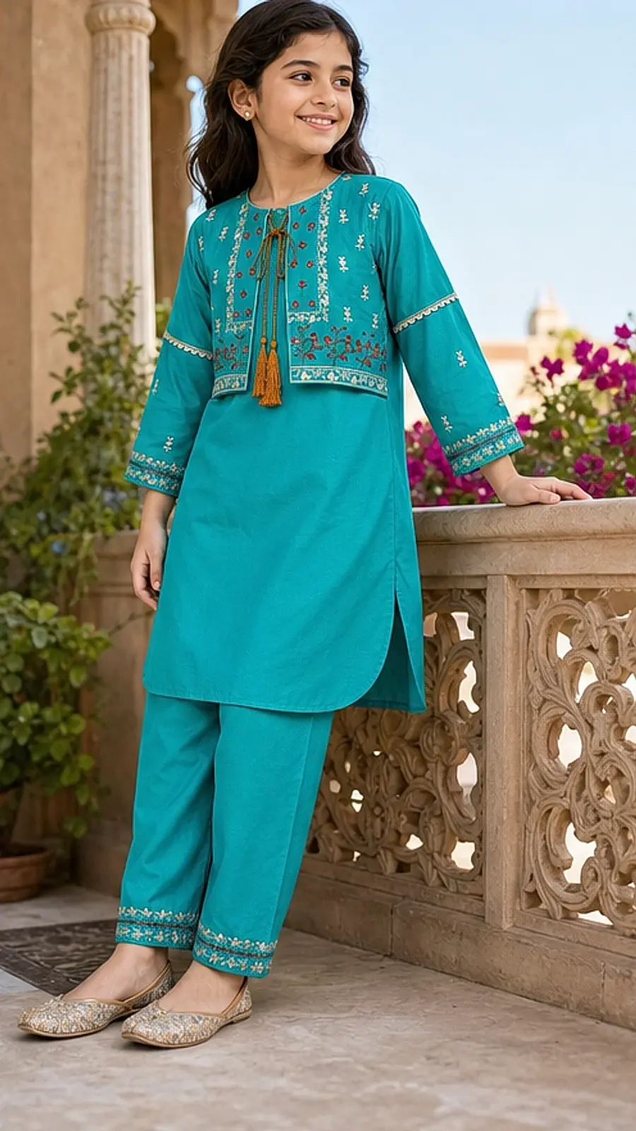 Teal Embroidered Girls Kurta Pant Set