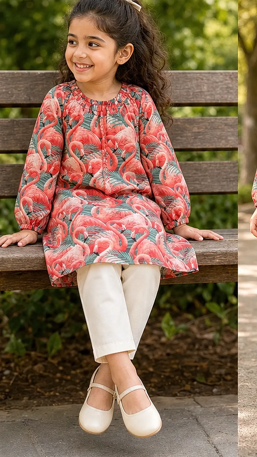 Girls Flamingo Print Kurta Pant Set