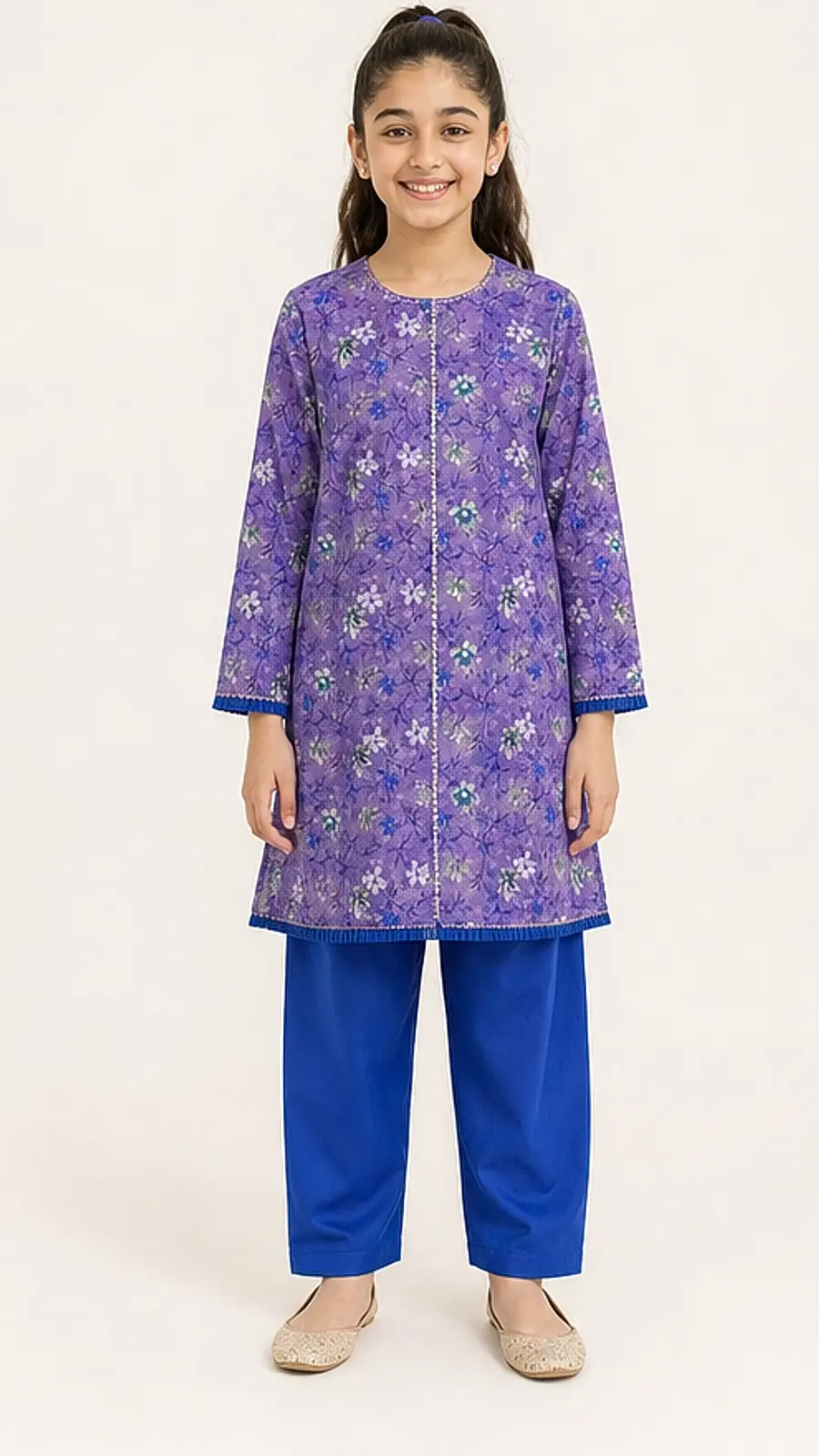Girls Purple Floral Kurta Blue Pant Set