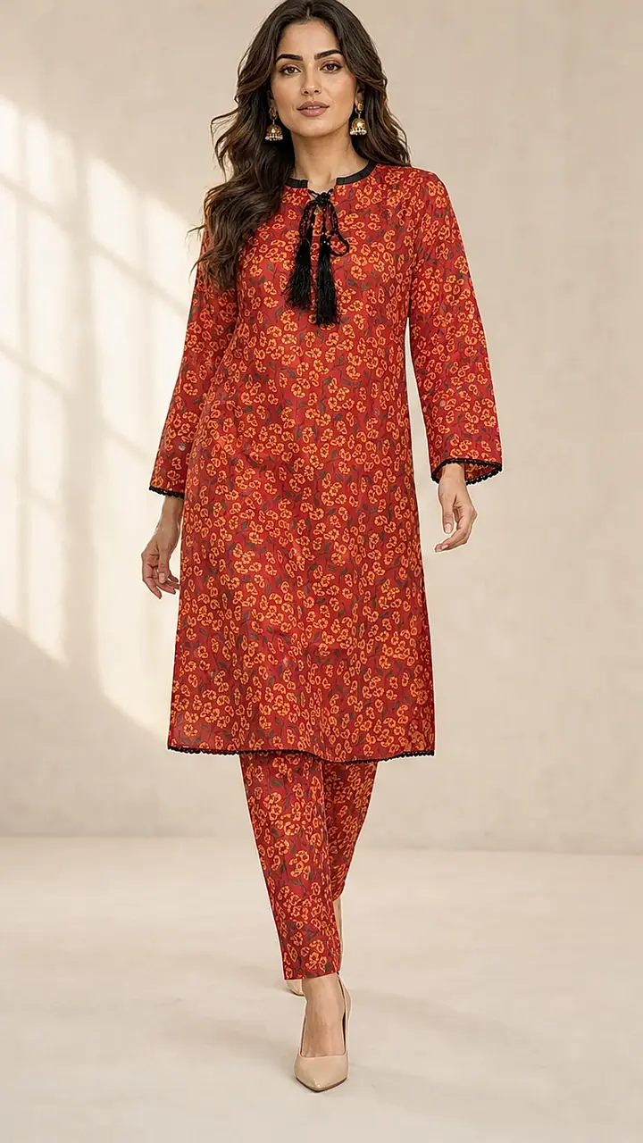 Rust Floral Printed Cotton Lawn 2-Piece Co-ord Set -  Long Length Shirt