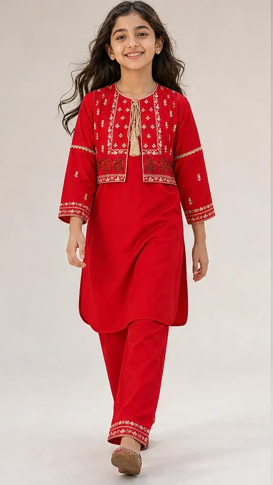 Girls Red Embroidered Kurta Pant Set