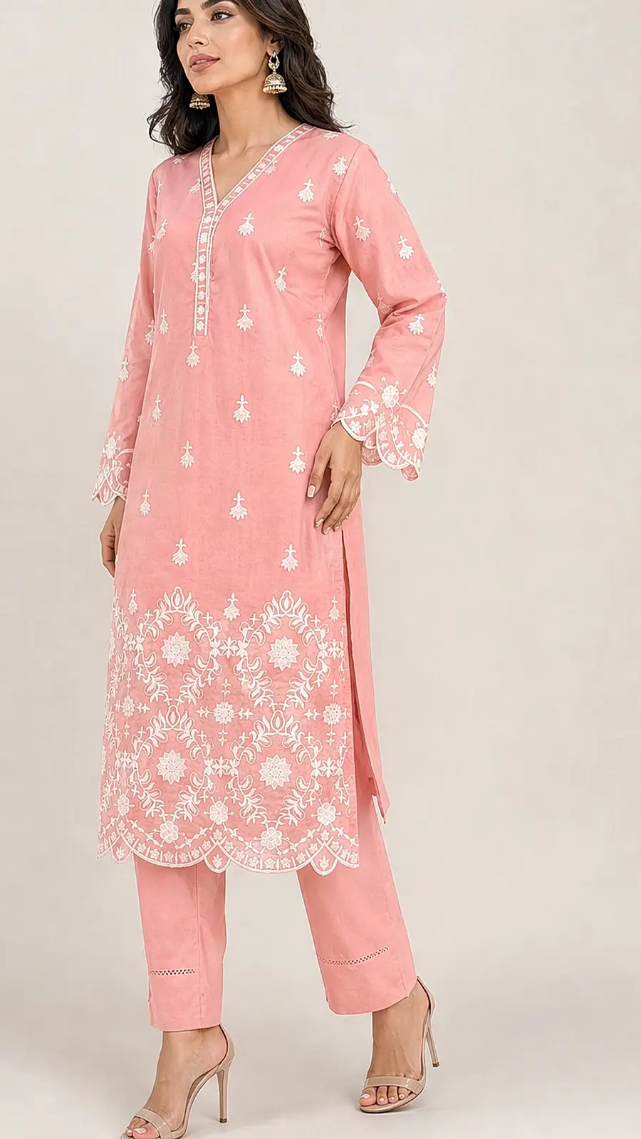 Peach Embroidered Cotton Lawn Two Piece Suit