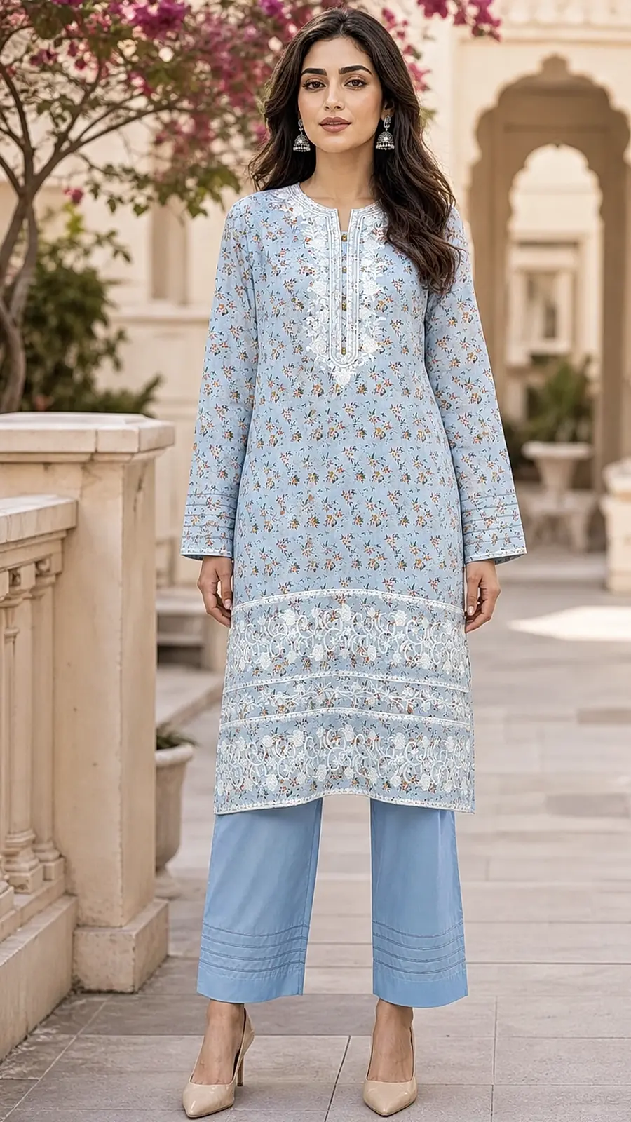 Blue Printed Embroidered 2-Piece Cotton Lawn Suit