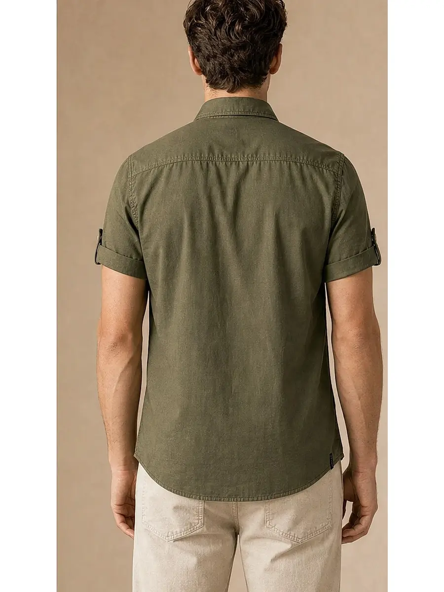 Olive Half Sleeve Pigment dyed Egyptian Cotton Shirt