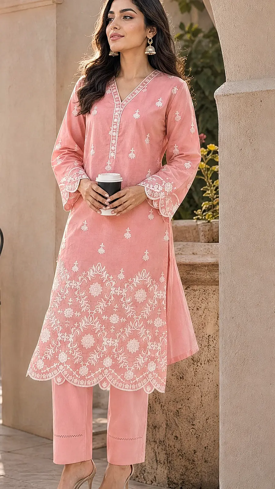 Peach Embroidered Cotton Lawn Two Piece Suit