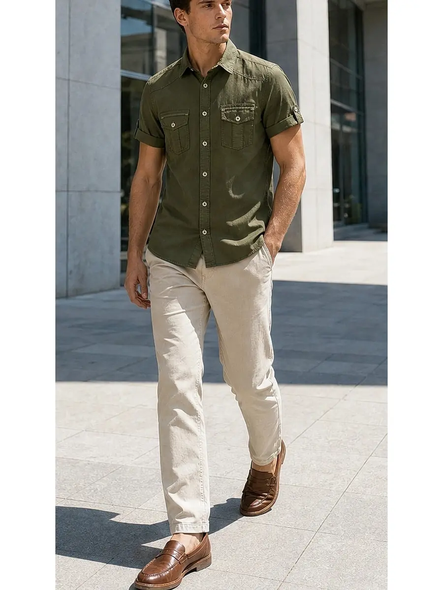 Olive Half Sleeve Pigment dyed Egyptian Cotton Shirt