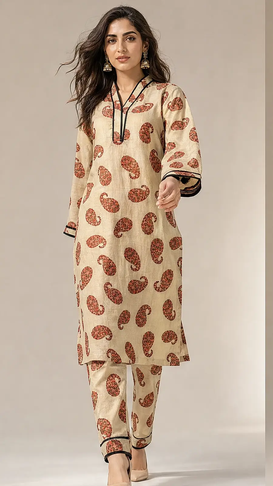 Beige_Orange 2 Pcs Coord  Soft Cotton Lawn Suit
