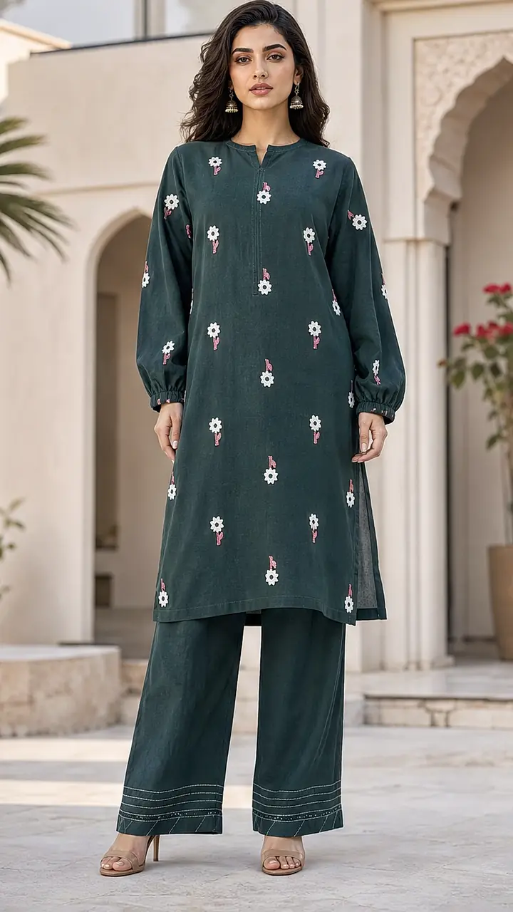 Bottle Green Embroidered Cotton Lawn 2 Piece Suit
