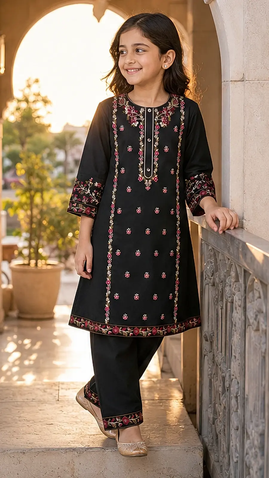 Girls Embroidered Black Kurta Trouser Set
