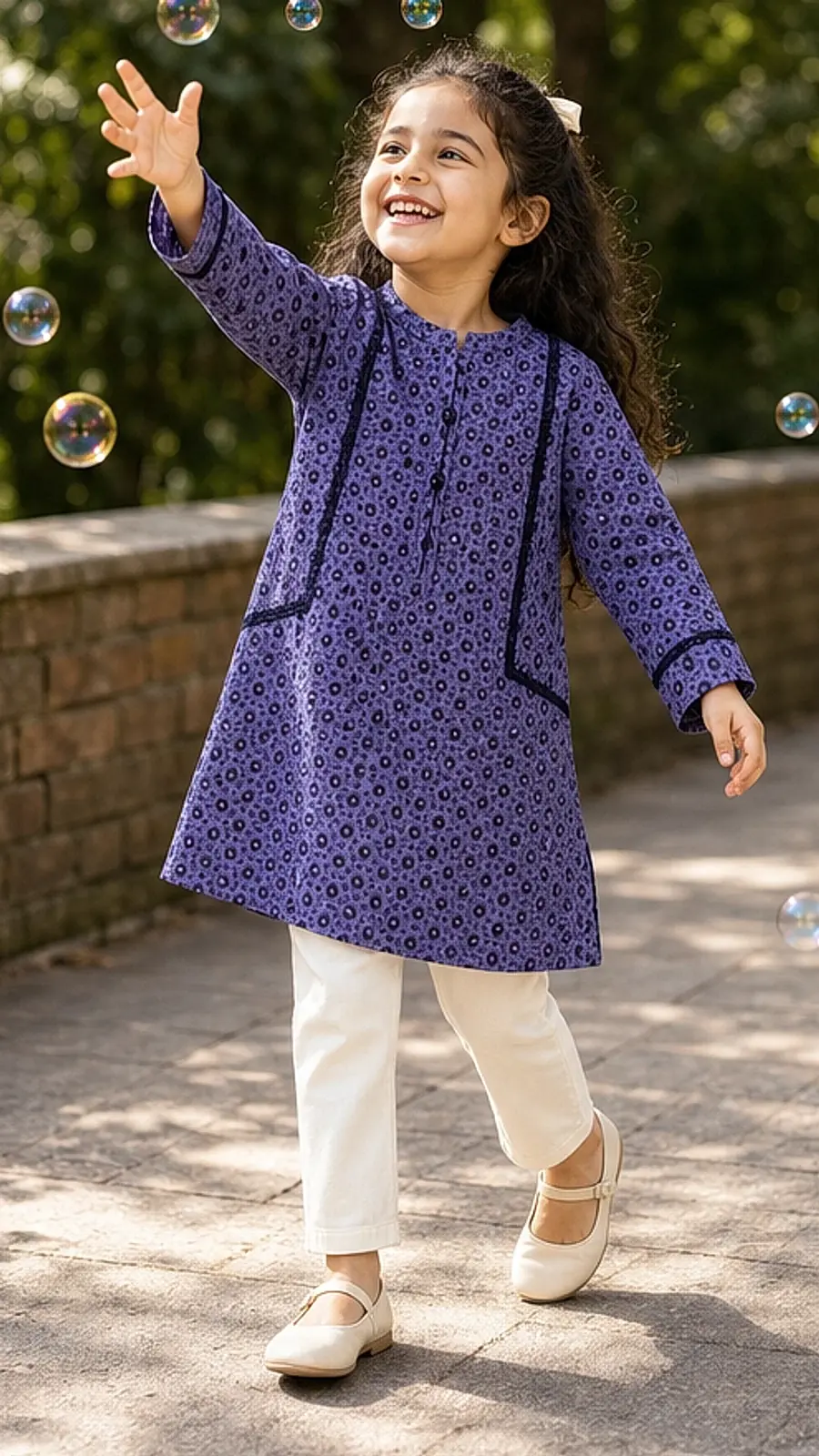 Girls Purple Printed Kurta Trouser Set