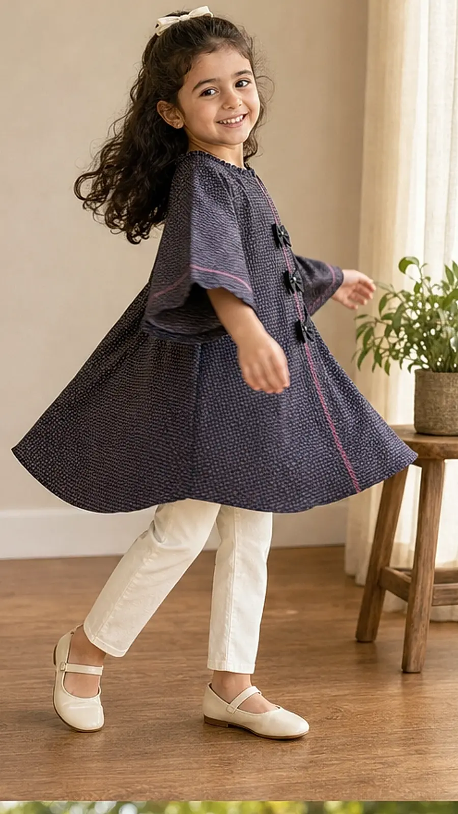 Girls Navy Printed Kurta Pant Set