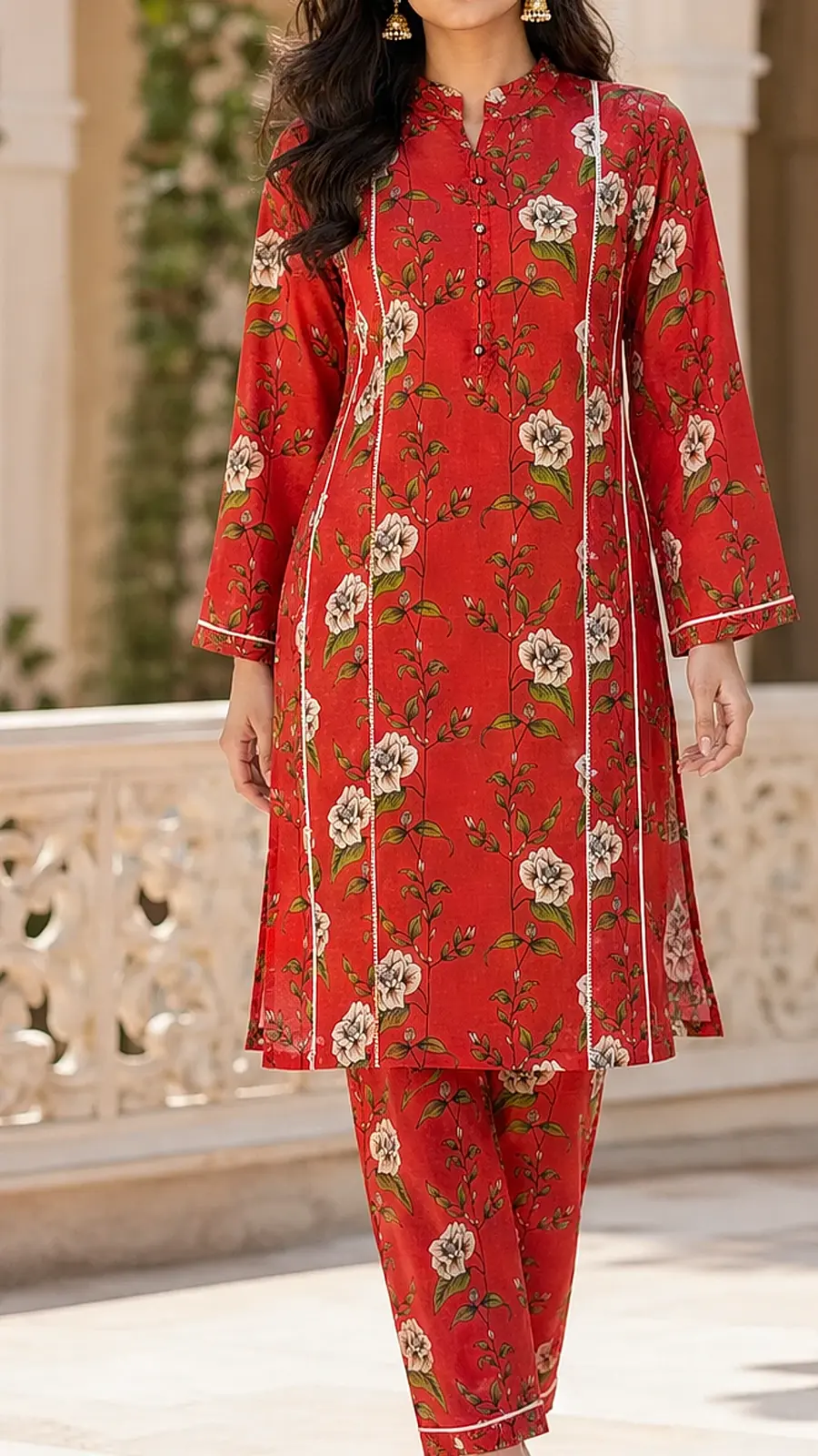 Red_Green 2 Pcs Coord  Soft Cotton Lawn Suit