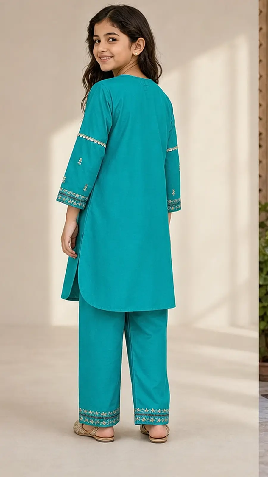 Teal Embroidered Girls Kurta Pant Set