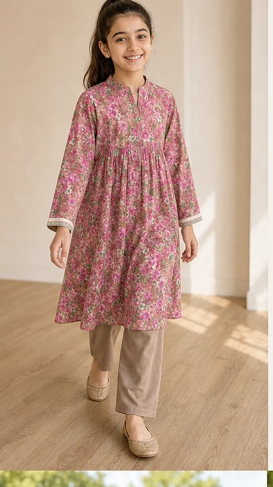Dusty Pink Floral Girls Frock Shalwar Set