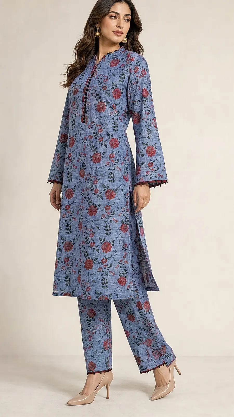 Denim Blue_Maroon 2 Pcs Coord  Soft Cotton Lawn Suit