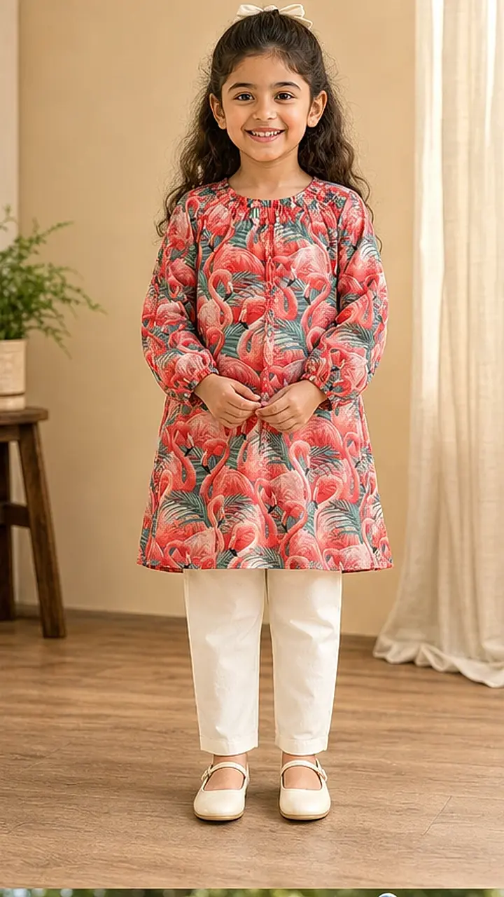Girls Flamingo Print Kurta Pant Set