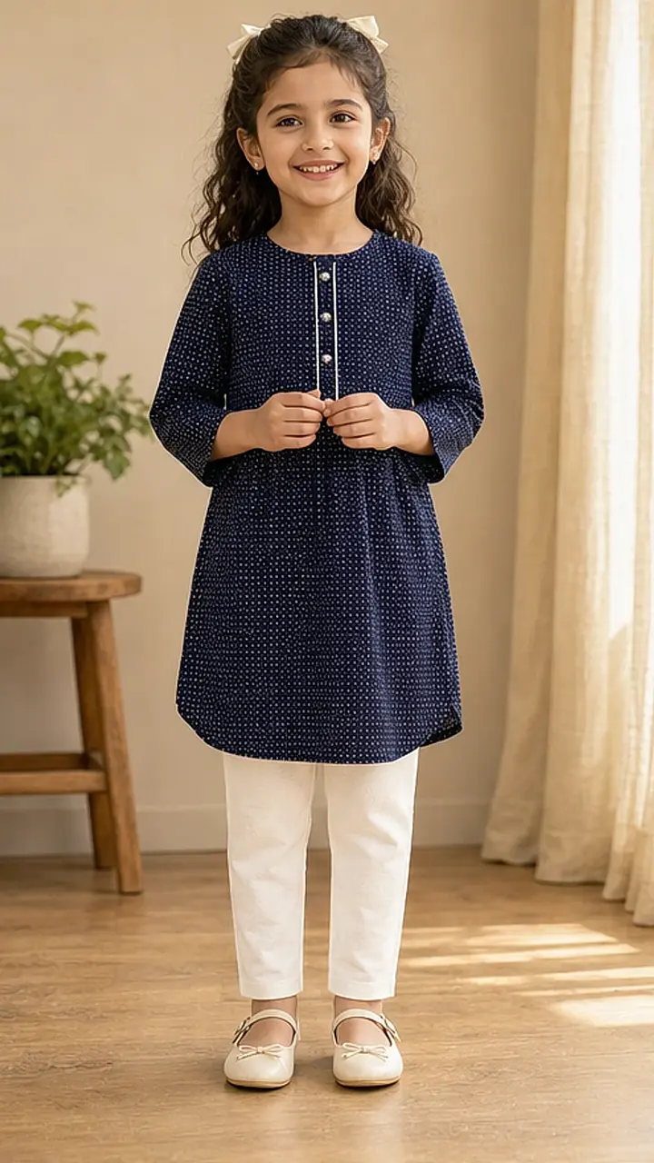 Girls Navy Dotted Kurta Legging Set