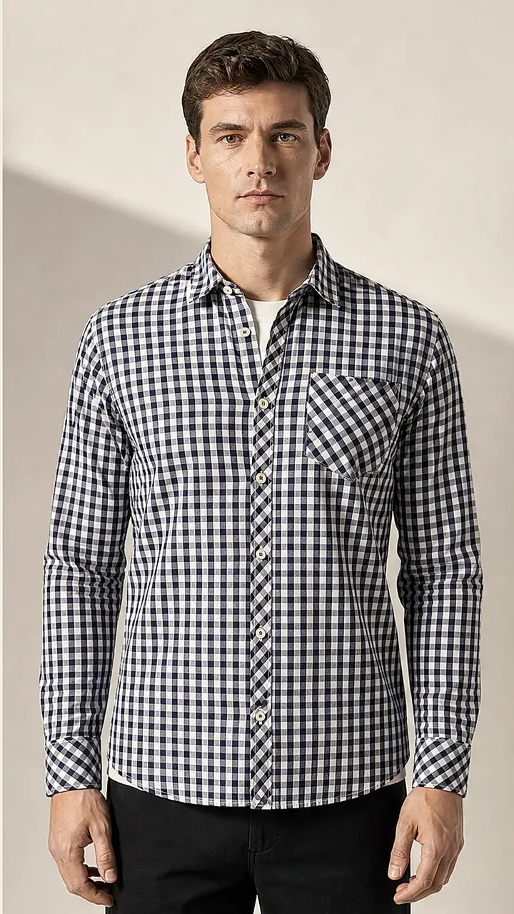 Navy_Black_white yarn dyed fine weaved Cotton Fabric soft Casual Shirt