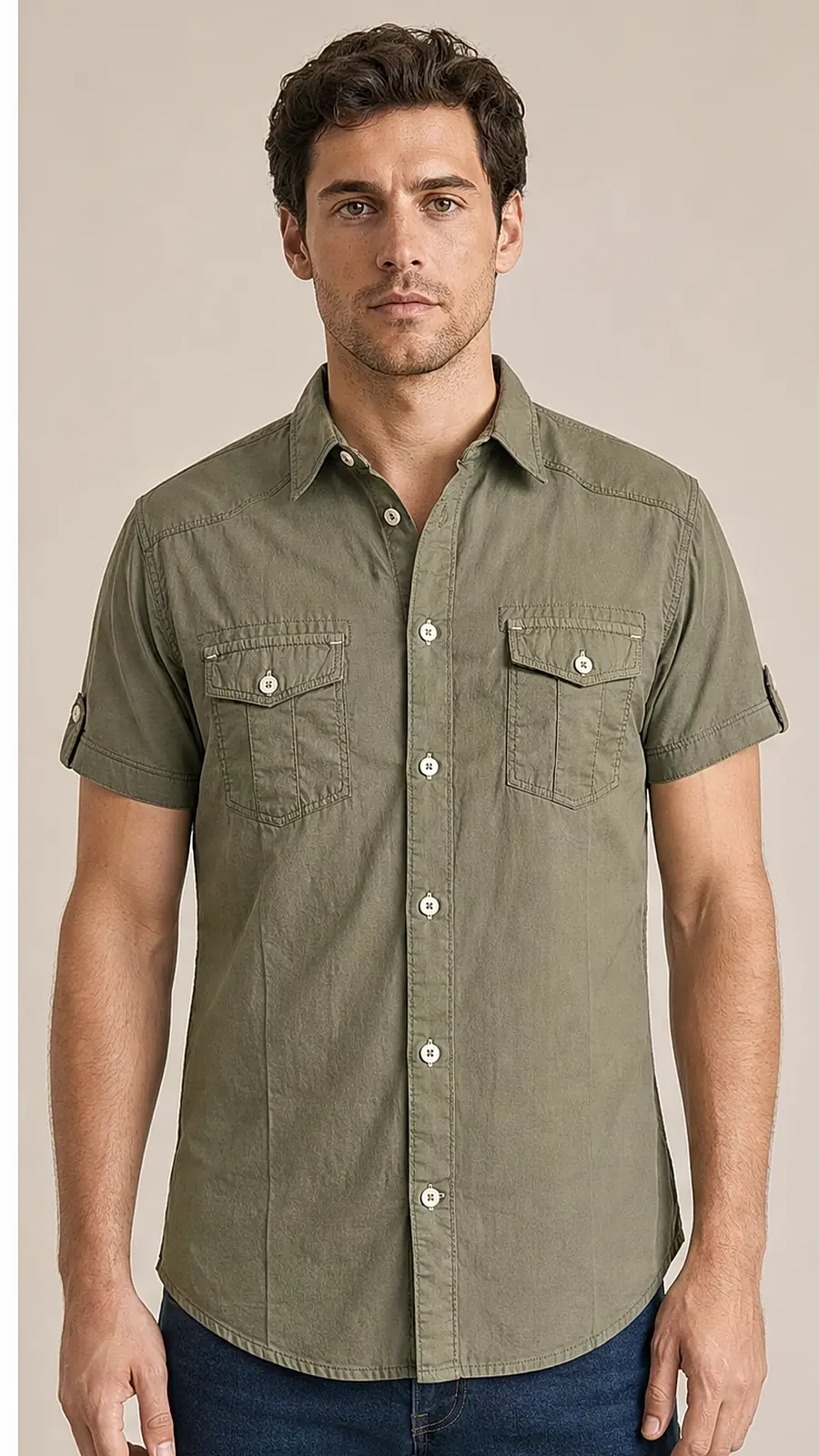 Olive Pigment Dyed Fine Weaved Egyption Cotton Fabric Half Sleeve Casual Shirt