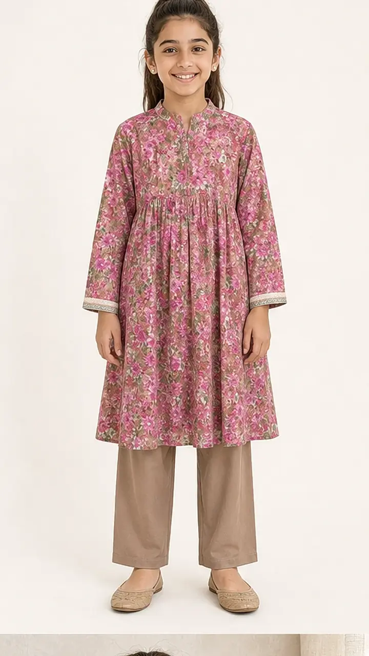 Dusty Pink Floral Girls Frock Shalwar Set