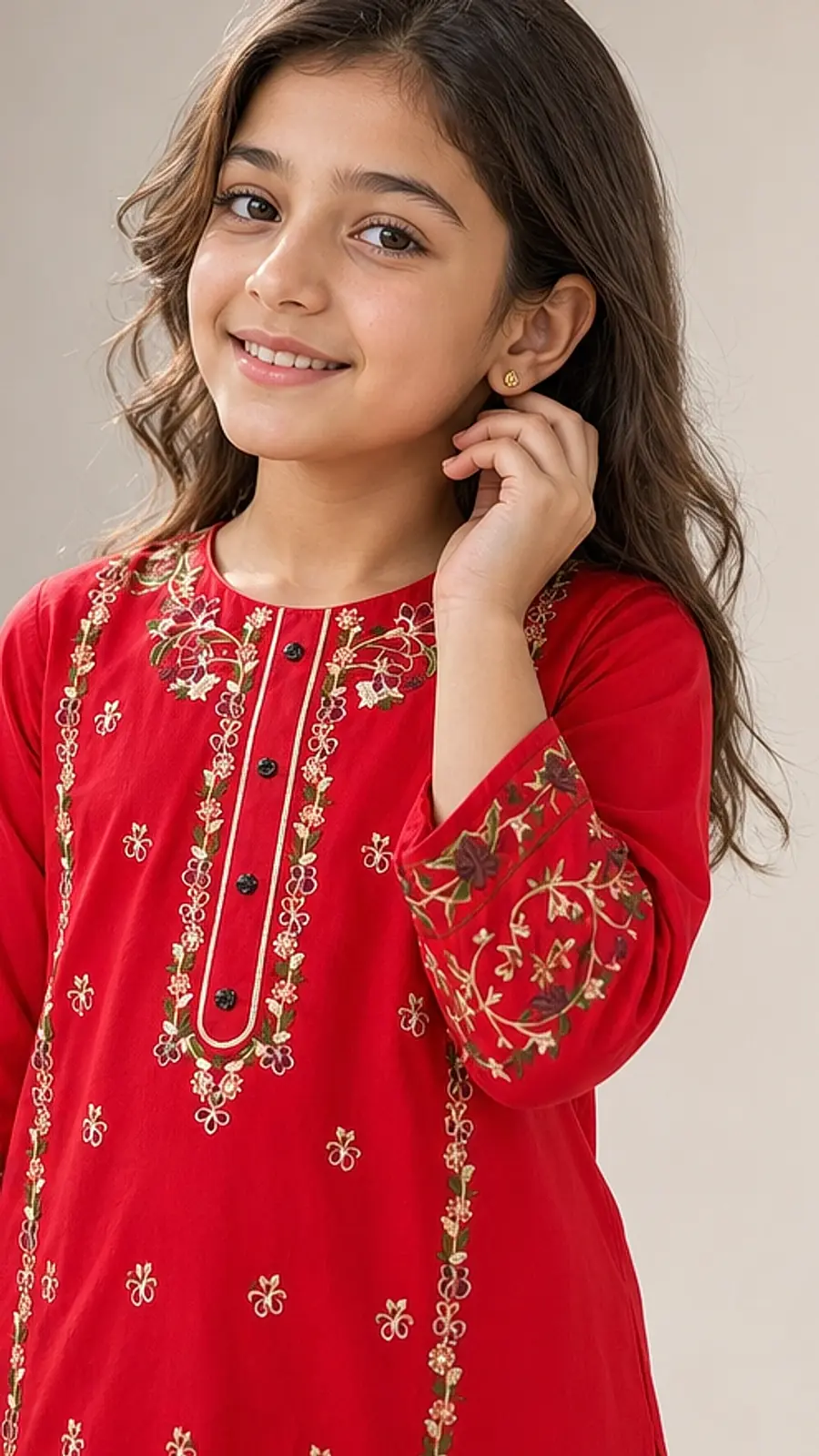 Girls Red Embroidered Kurta Pajama Set