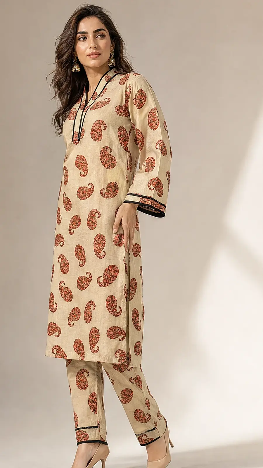 Beige_Orange 2 Pcs Coord  Soft Cotton Lawn Suit