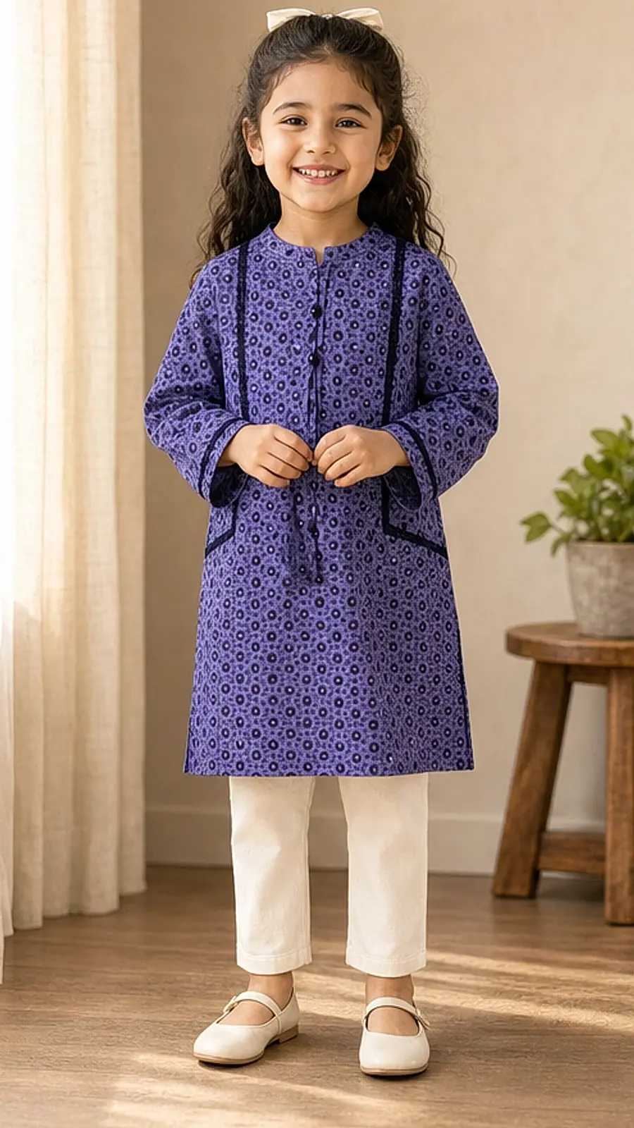 Girls Purple Printed Kurta Trouser Set