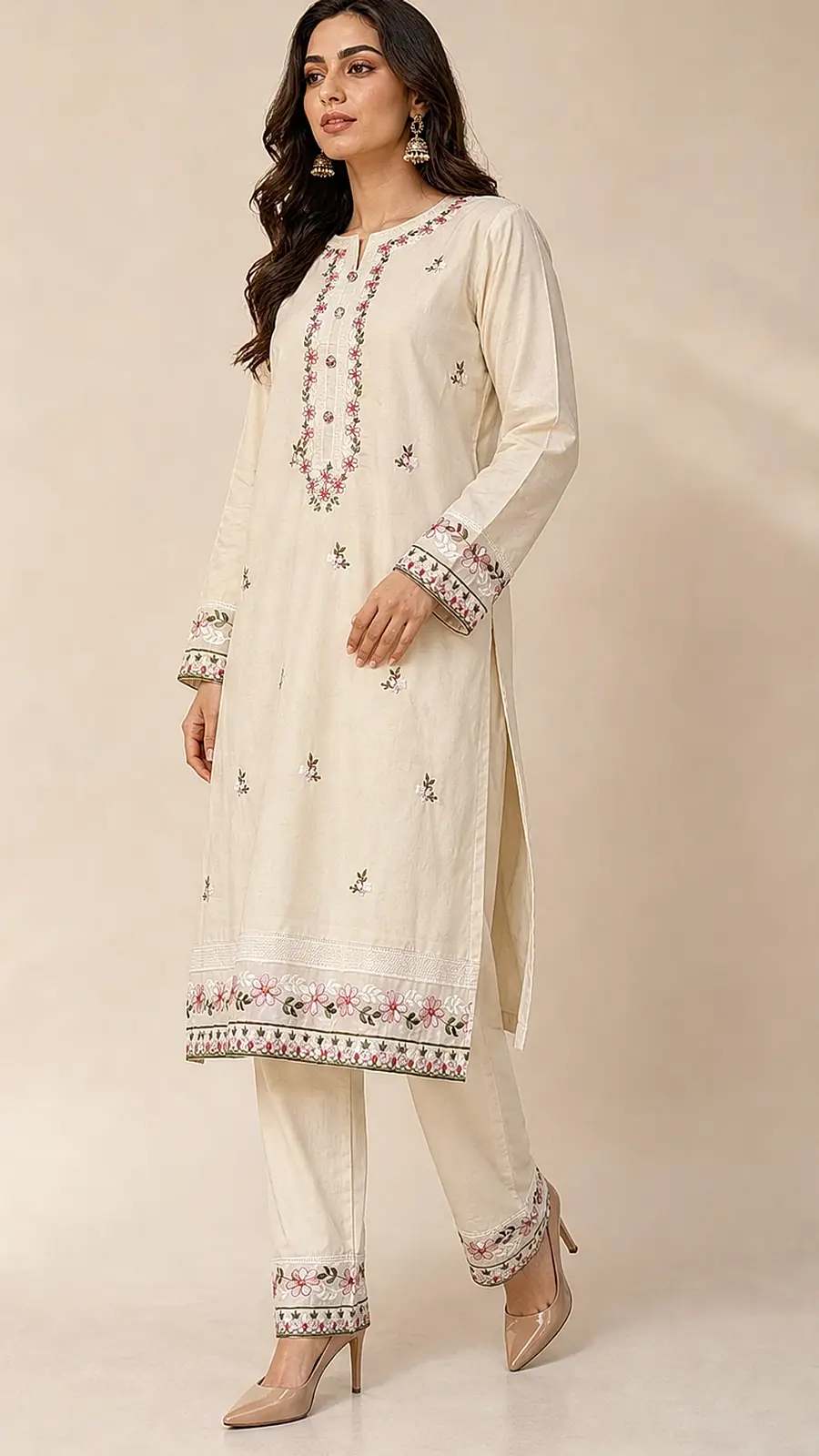 Cream Embroidered Cotton Kurta Pant Set