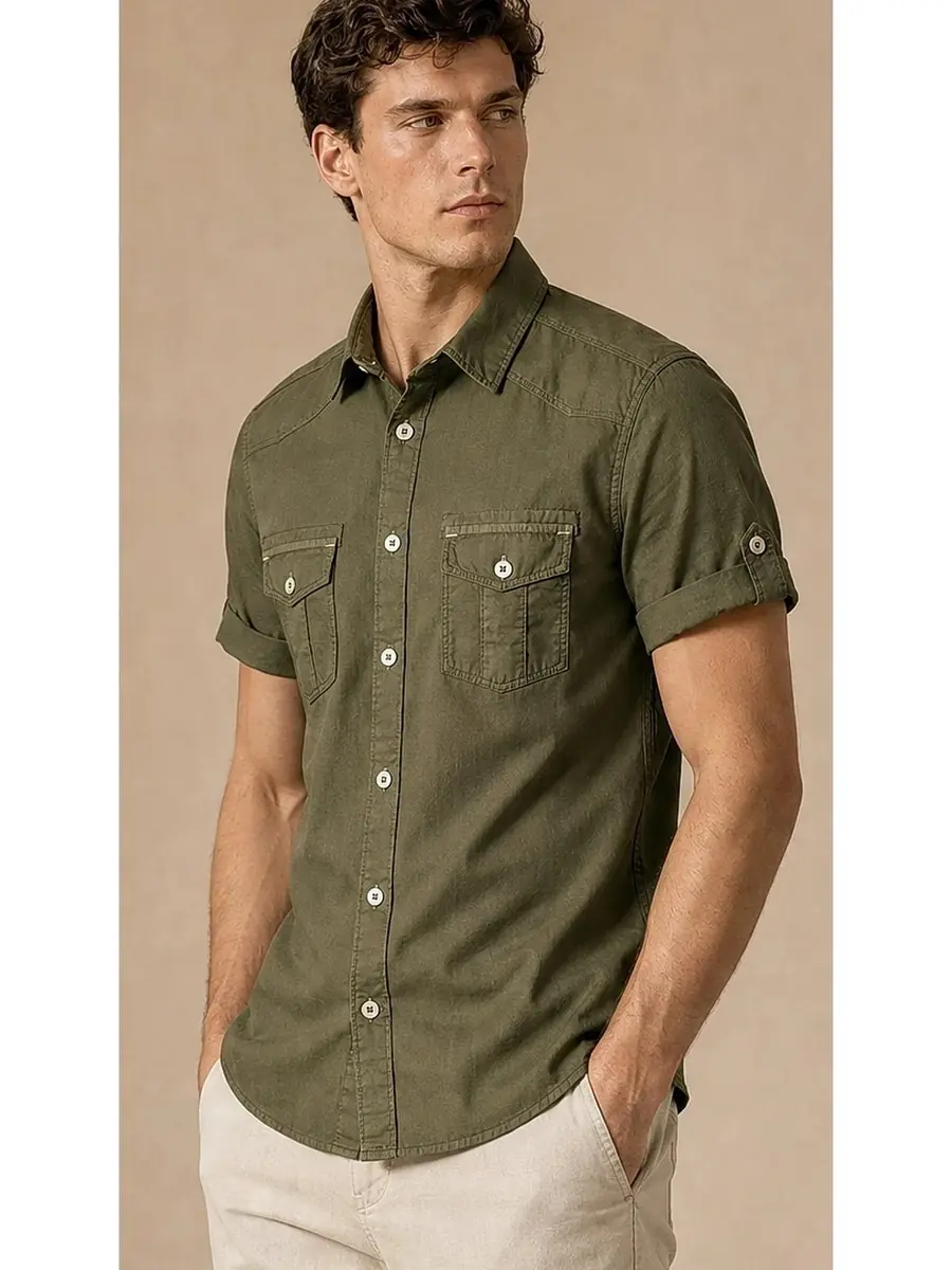 Olive Half Sleeve Pigment dyed Egyptian Cotton Shirt