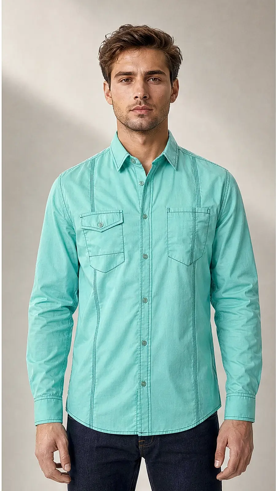 Recipe Men Turquoise Long-Sleeve Button-Down Shirt