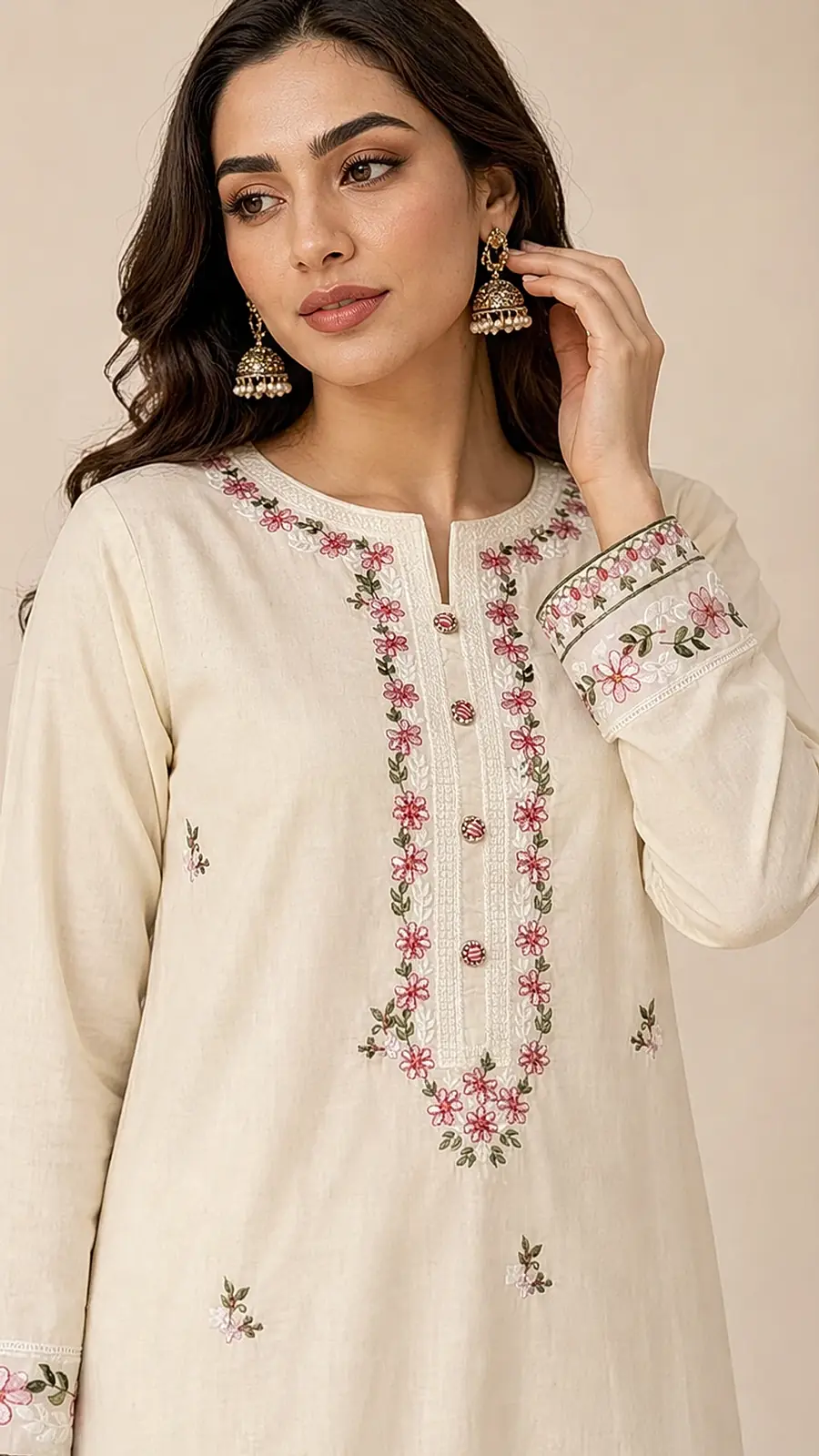 Cream Embroidered Cotton Kurta Pant Set