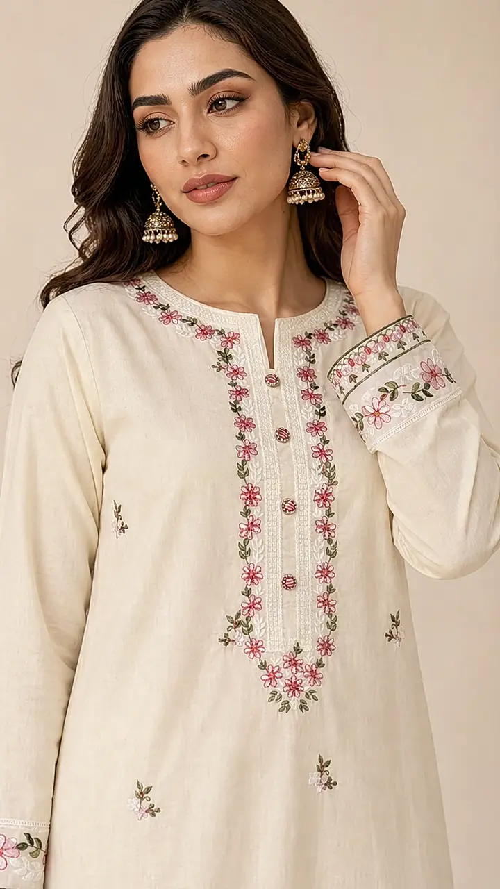 Cream Embroidered Cotton Kurta Pant Set