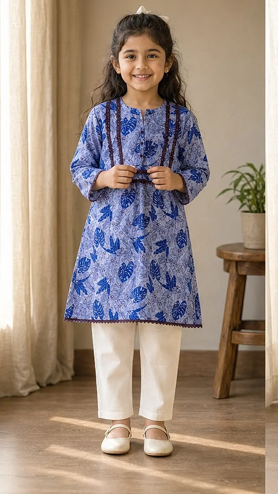 Girls Blue Leaf Print Kurta Trouser Set