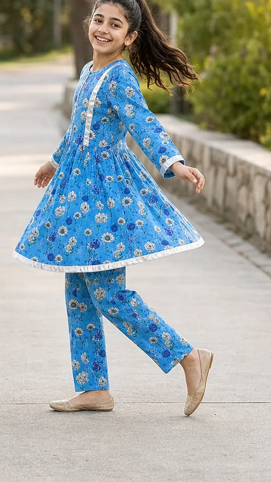 Girls Ocean Blue Floral Frock Shalwar Set
