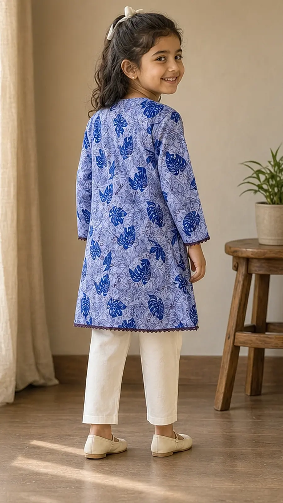 Girls Blue Leaf Print Kurta Trouser Set