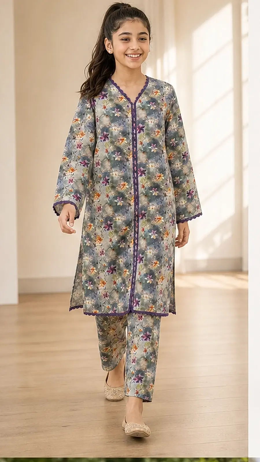 Girls Muted Floral Angrakha Shalwar Set
