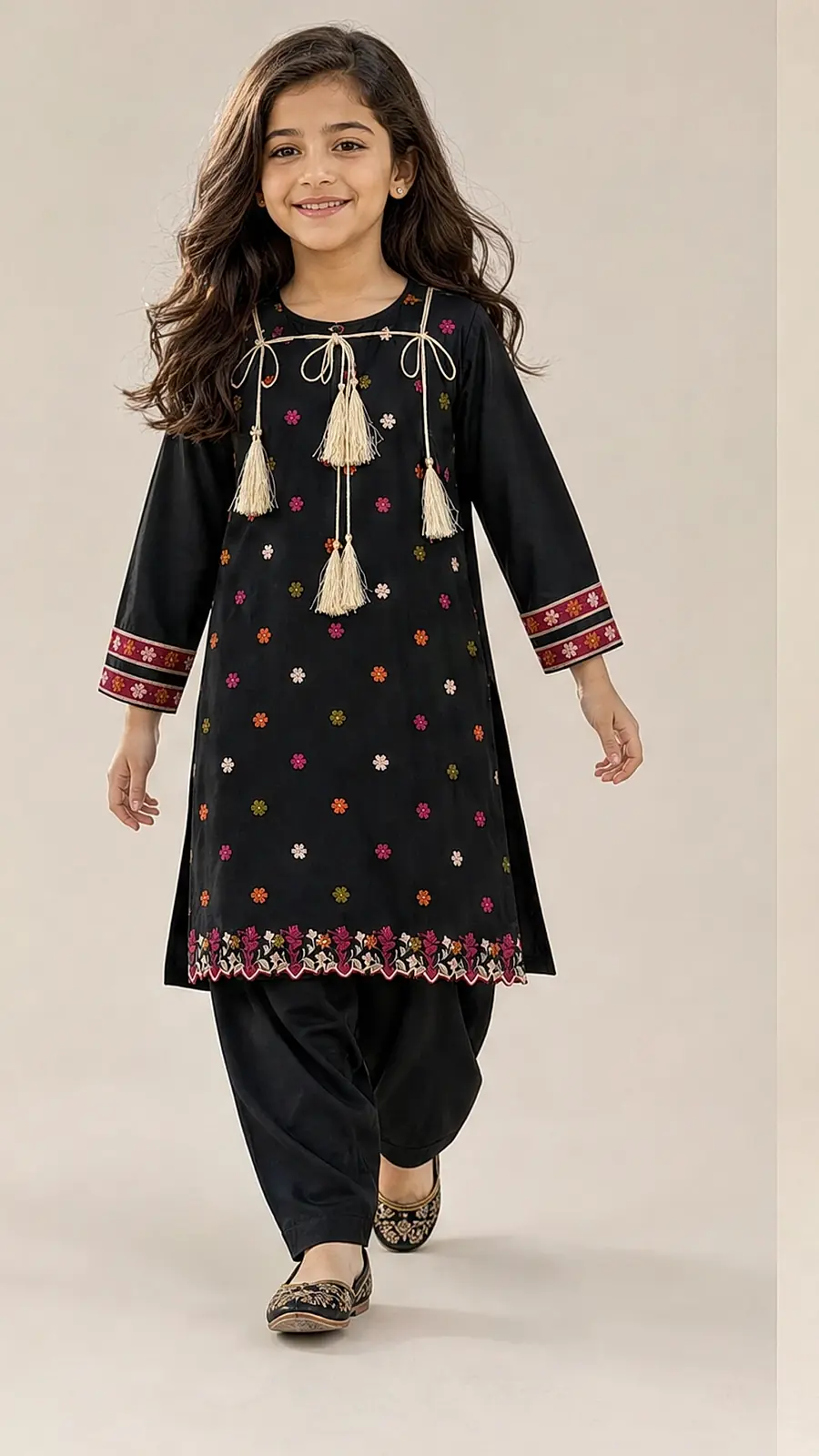 Girls Black Embroidered Kurta Salwar Set