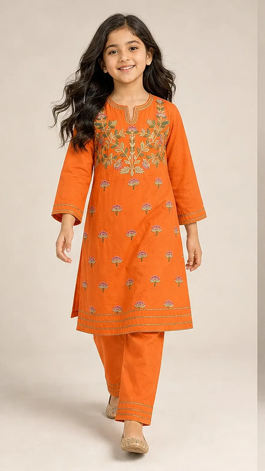 Girls Orange Embroidered Kurta Pant Set